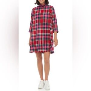 Crown & Ivy Red and Pink Plaid Bow Back Ruffle Neck Dress Size M